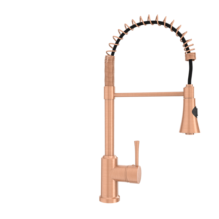 Copper Kitchen Faucet with Soap Dispenser, Single Handle Solid Brass High Arc Pull Down Sprayer Head Kitchen Sink Faucets with Deck Plate — AK96566-SD-C