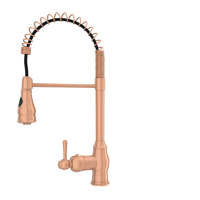 Copper Kitchen Faucet with Soap Dispenser, Single Handle Solid Brass High Arc Pull Down Sprayer Head Kitchen Sink Faucets with Deck Plate — AK96518-SD-C