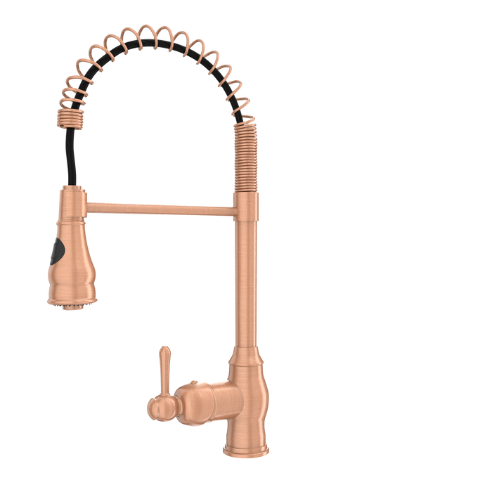 Copper Kitchen Faucet with Soap Dispenser, Single Handle Solid Brass High Arc Pull Down Sprayer Head Kitchen Sink Faucets with Deck Plate — AK96518-SD-C
