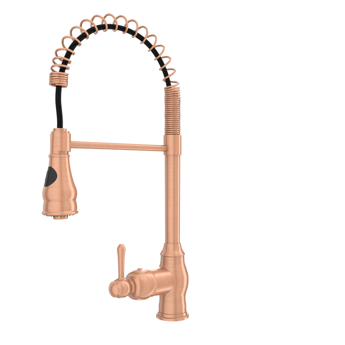 Copper Kitchen Faucet with Soap Dispenser, Single Handle Solid Brass High Arc Pull Down Sprayer Head Kitchen Sink Faucets with Deck Plate — AK96518-SD-C