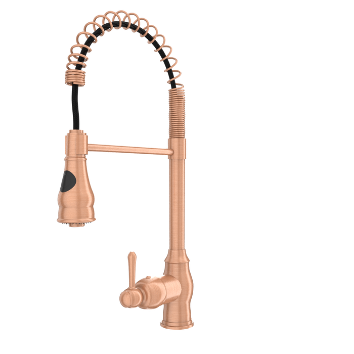 Copper Kitchen Faucet with Soap Dispenser, Single Handle Solid Brass High Arc Pull Down Sprayer Head Kitchen Sink Faucets with Deck Plate — AK96518-SD-C