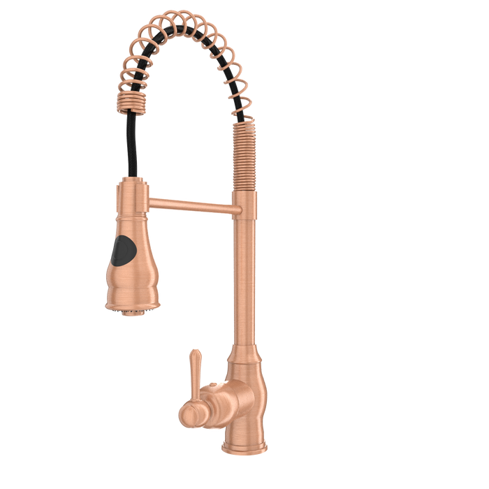 Copper Kitchen Faucet with Soap Dispenser, Single Handle Solid Brass High Arc Pull Down Sprayer Head Kitchen Sink Faucets with Deck Plate — AK96518-SD-C