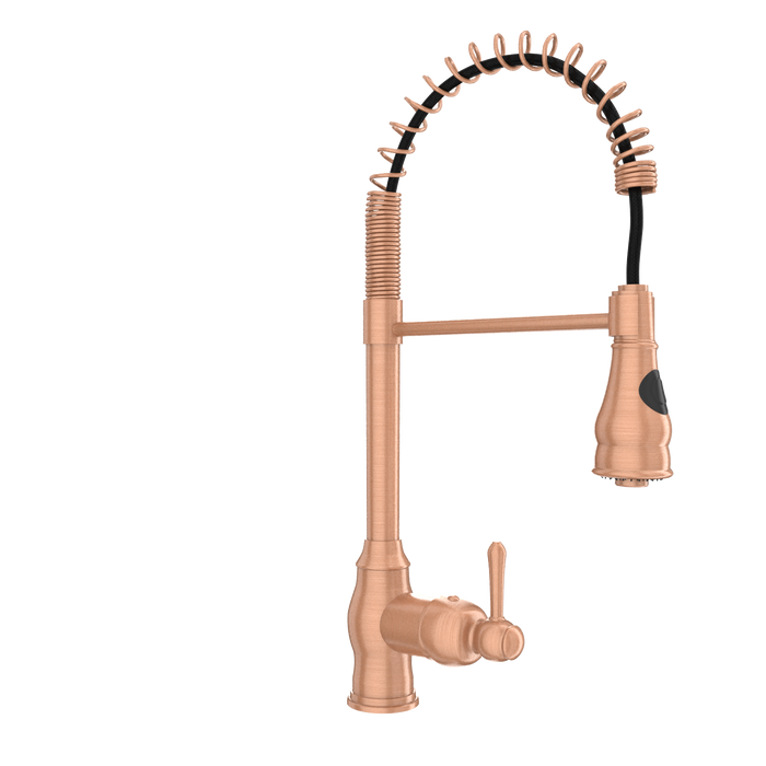 Copper Kitchen Faucet with Soap Dispenser, Single Handle Solid Brass High Arc Pull Down Sprayer Head Kitchen Sink Faucets with Deck Plate — AK96518-SD-C