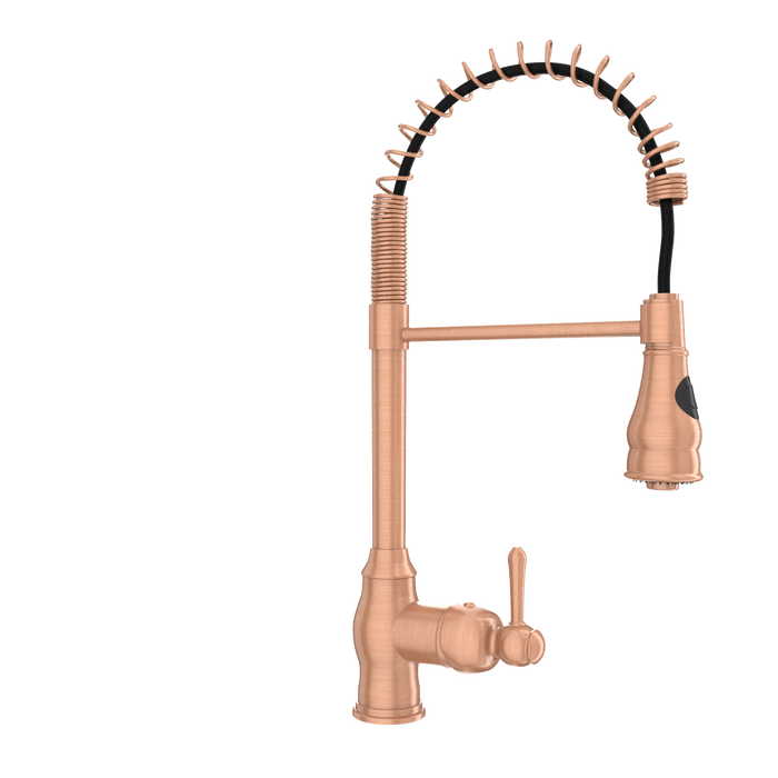 Copper Kitchen Faucet with Soap Dispenser, Single Handle Solid Brass High Arc Pull Down Sprayer Head Kitchen Sink Faucets with Deck Plate — AK96518-SD-C