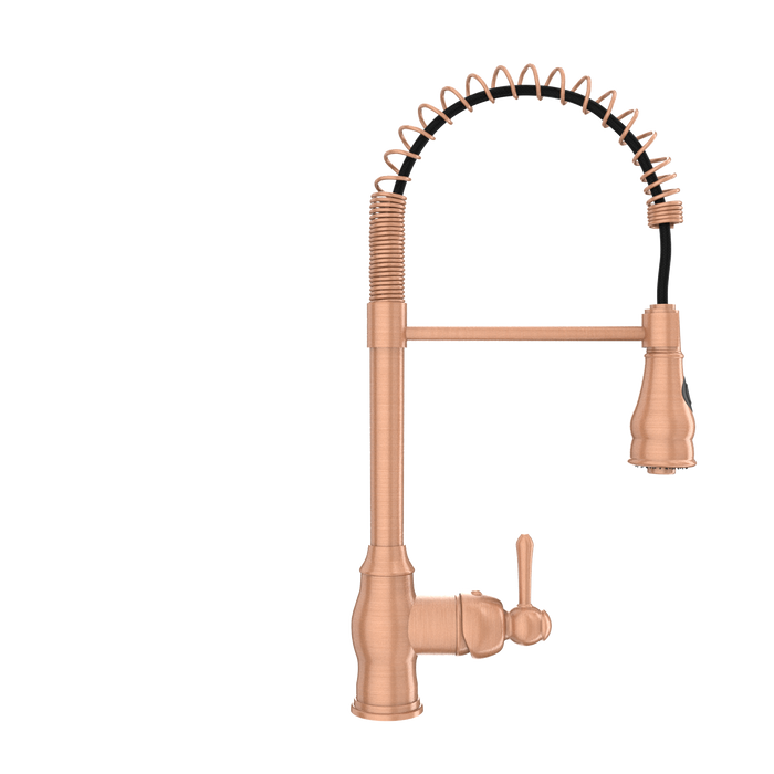 Copper Kitchen Faucet with Soap Dispenser, Single Handle Solid Brass High Arc Pull Down Sprayer Head Kitchen Sink Faucets with Deck Plate — AK96518-SD-C
