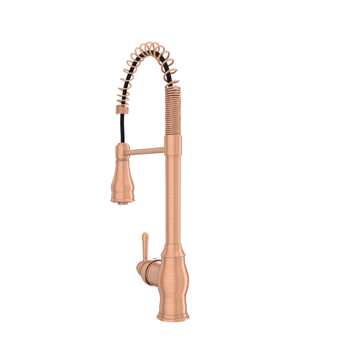 Copper Kitchen Faucet with Soap Dispenser, Single Handle Solid Brass High Arc Pull Down Sprayer Head Kitchen Sink Faucets with Deck Plate — AK96518-SD-C