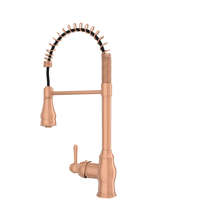 Copper Kitchen Faucet with Soap Dispenser, Single Handle Solid Brass High Arc Pull Down Sprayer Head Kitchen Sink Faucets with Deck Plate — AK96518-SD-C