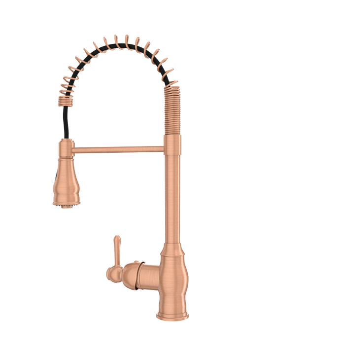 Copper Kitchen Faucet with Soap Dispenser, Single Handle Solid Brass High Arc Pull Down Sprayer Head Kitchen Sink Faucets with Deck Plate — AK96518-SD-C