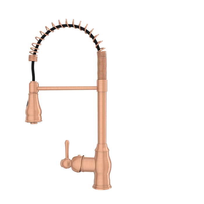 Copper Kitchen Faucet with Soap Dispenser, Single Handle Solid Brass High Arc Pull Down Sprayer Head Kitchen Sink Faucets with Deck Plate — AK96518-SD-C