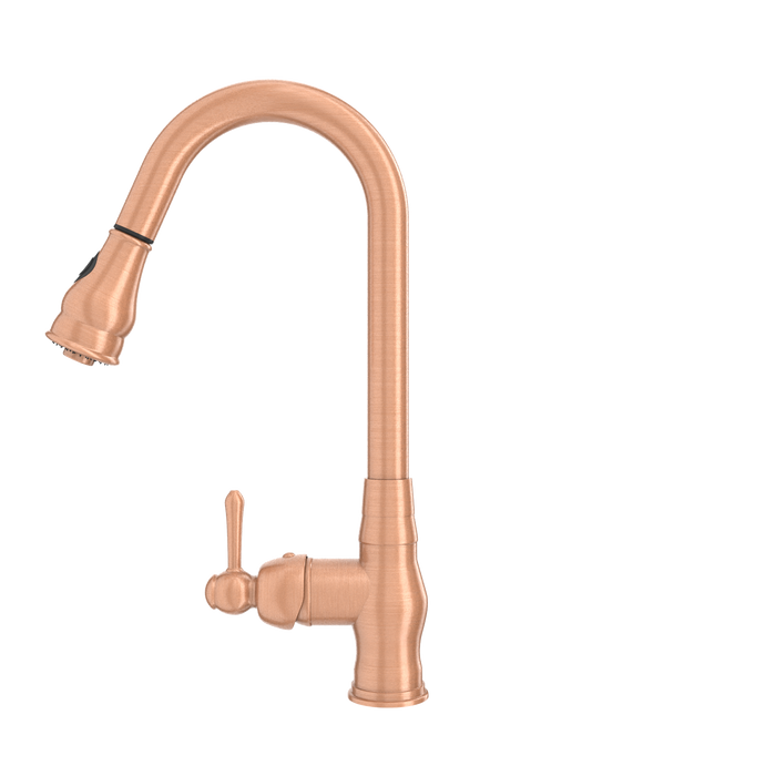 Copper Kitchen Faucet with Soap Dispenser, Single Handle Solid Brass High Arc Pull Down Sprayer Head Kitchen Sink Faucets with Deck Plate — AK96418-SD-C
