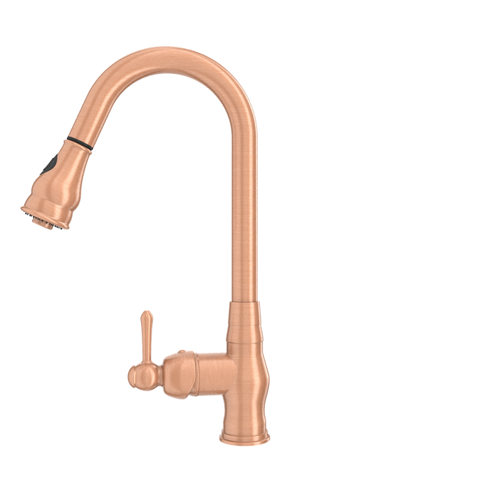 Copper Kitchen Faucet with Soap Dispenser, Single Handle Solid Brass High Arc Pull Down Sprayer Head Kitchen Sink Faucets with Deck Plate — AK96418-SD-C
