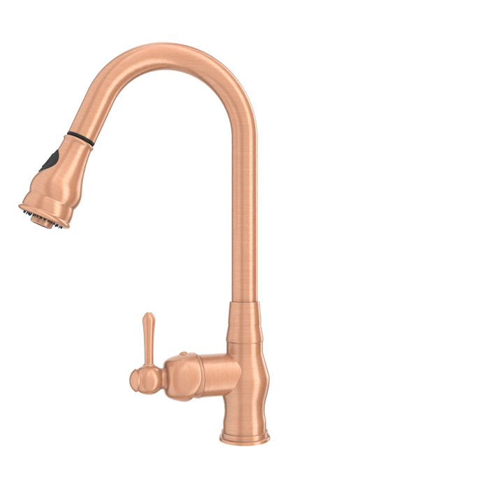 Copper Kitchen Faucet with Soap Dispenser, Single Handle Solid Brass High Arc Pull Down Sprayer Head Kitchen Sink Faucets with Deck Plate — AK96418-SD-C