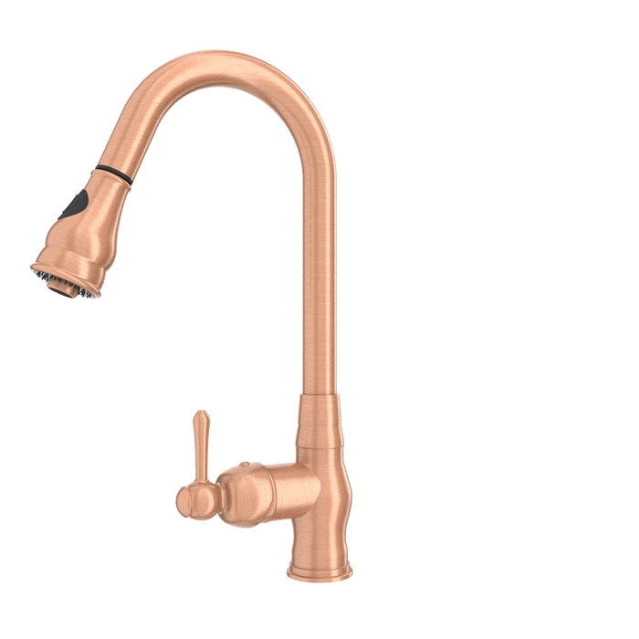 Copper Kitchen Faucet with Soap Dispenser, Single Handle Solid Brass High Arc Pull Down Sprayer Head Kitchen Sink Faucets with Deck Plate — AK96418-SD-C