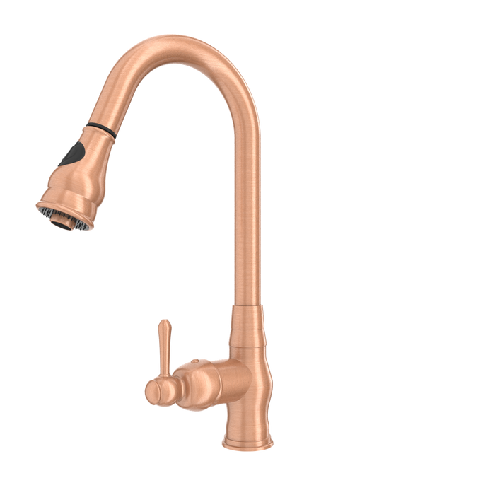 Copper Kitchen Faucet with Soap Dispenser, Single Handle Solid Brass High Arc Pull Down Sprayer Head Kitchen Sink Faucets with Deck Plate — AK96418-SD-C