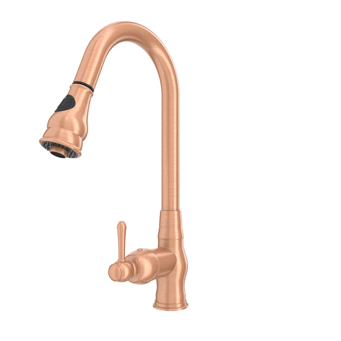 Copper Kitchen Faucet with Soap Dispenser, Single Handle Solid Brass High Arc Pull Down Sprayer Head Kitchen Sink Faucets with Deck Plate — AK96418-SD-C