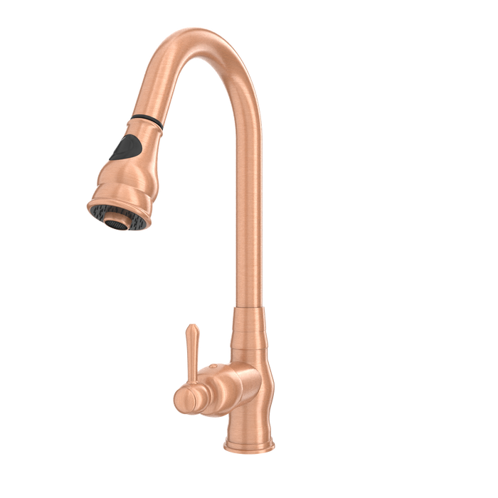 Copper Kitchen Faucet with Soap Dispenser, Single Handle Solid Brass High Arc Pull Down Sprayer Head Kitchen Sink Faucets with Deck Plate — AK96418-SD-C