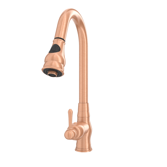 Copper Kitchen Faucet with Soap Dispenser, Single Handle Solid Brass High Arc Pull Down Sprayer Head Kitchen Sink Faucets with Deck Plate — AK96418-SD-C