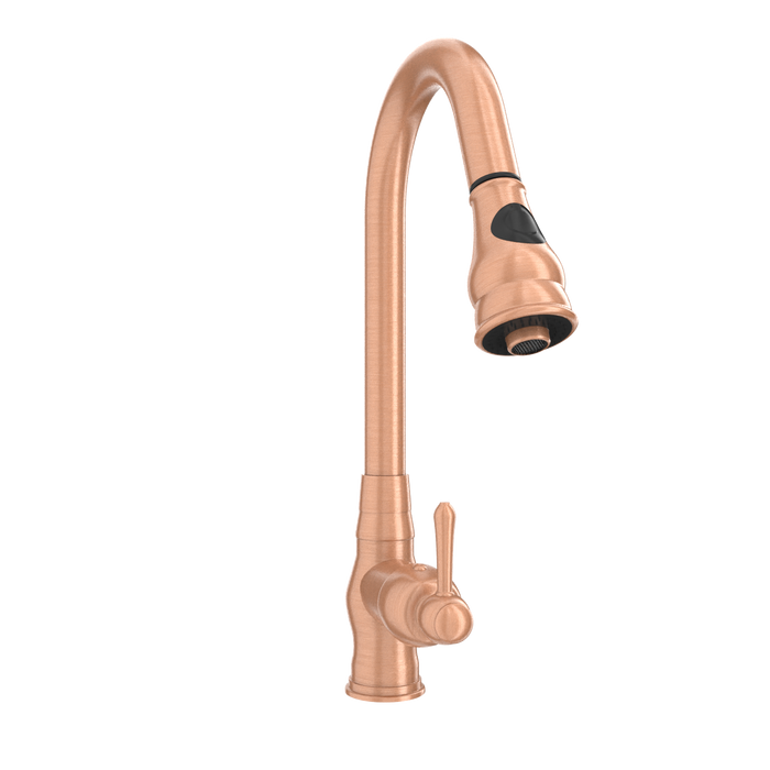 Copper Kitchen Faucet with Soap Dispenser, Single Handle Solid Brass High Arc Pull Down Sprayer Head Kitchen Sink Faucets with Deck Plate — AK96418-SD-C