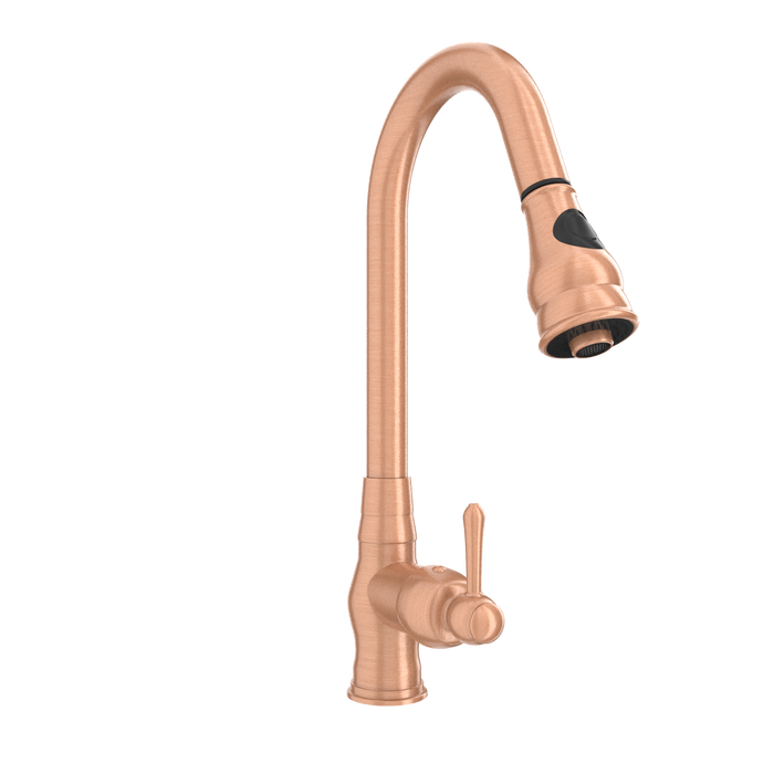 Copper Kitchen Faucet with Soap Dispenser, Single Handle Solid Brass High Arc Pull Down Sprayer Head Kitchen Sink Faucets with Deck Plate — AK96418-SD-C