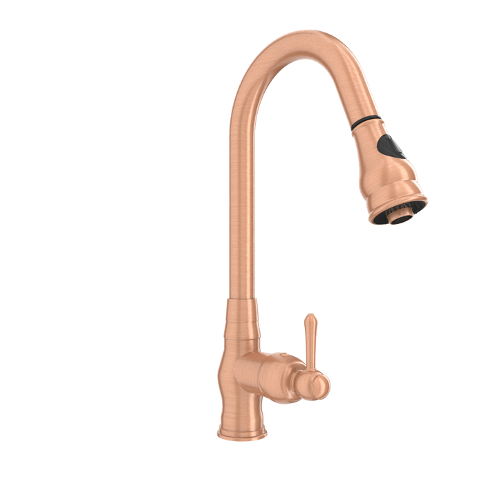 Copper Kitchen Faucet with Soap Dispenser, Single Handle Solid Brass High Arc Pull Down Sprayer Head Kitchen Sink Faucets with Deck Plate — AK96418-SD-C