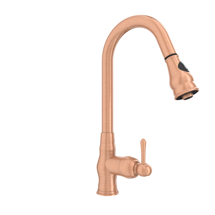 Copper Kitchen Faucet with Soap Dispenser, Single Handle Solid Brass High Arc Pull Down Sprayer Head Kitchen Sink Faucets with Deck Plate — AK96418-SD-C