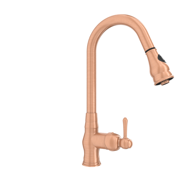 Copper Kitchen Faucet with Soap Dispenser, Single Handle Solid Brass High Arc Pull Down Sprayer Head Kitchen Sink Faucets with Deck Plate — AK96418-SD-C