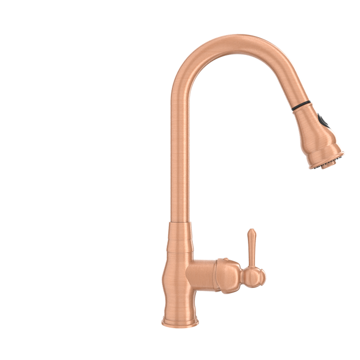 Copper Kitchen Faucet with Soap Dispenser, Single Handle Solid Brass High Arc Pull Down Sprayer Head Kitchen Sink Faucets with Deck Plate — AK96418-SD-C
