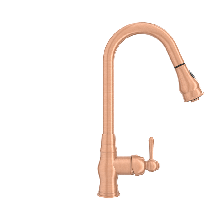 Copper Kitchen Faucet with Soap Dispenser, Single Handle Solid Brass High Arc Pull Down Sprayer Head Kitchen Sink Faucets with Deck Plate — AK96418-SD-C