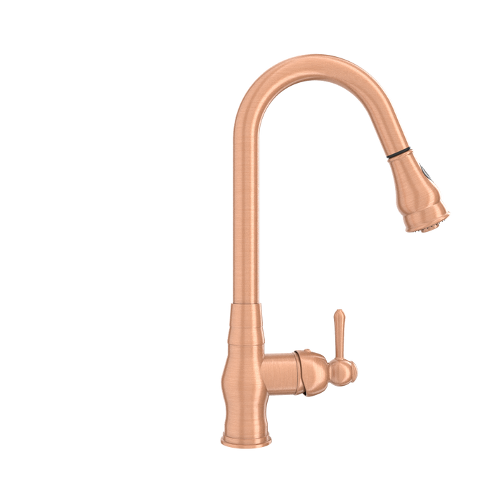 Copper Kitchen Faucet with Soap Dispenser, Single Handle Solid Brass High Arc Pull Down Sprayer Head Kitchen Sink Faucets with Deck Plate — AK96418-SD-C