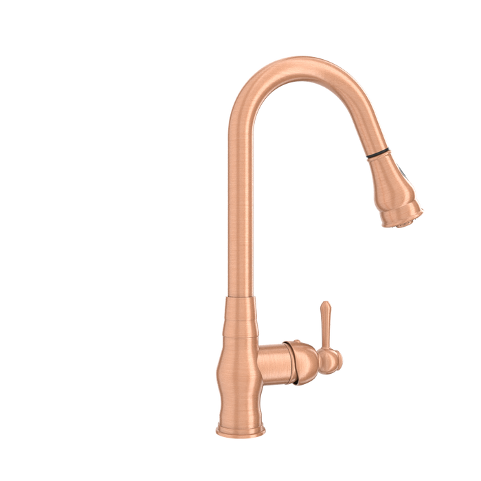 Copper Kitchen Faucet with Soap Dispenser, Single Handle Solid Brass High Arc Pull Down Sprayer Head Kitchen Sink Faucets with Deck Plate — AK96418-SD-C