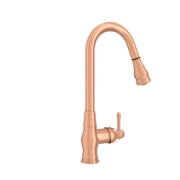 Copper Kitchen Faucet with Soap Dispenser, Single Handle Solid Brass High Arc Pull Down Sprayer Head Kitchen Sink Faucets with Deck Plate — AK96418-SD-C