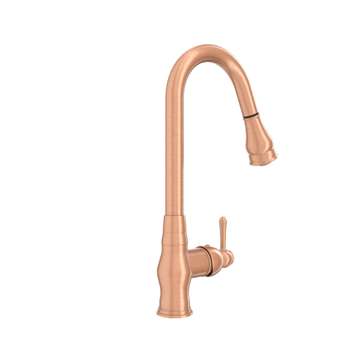 Copper Kitchen Faucet with Soap Dispenser, Single Handle Solid Brass High Arc Pull Down Sprayer Head Kitchen Sink Faucets with Deck Plate — AK96418-SD-C