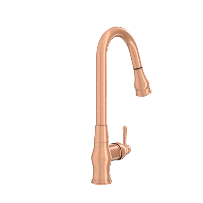 Copper Kitchen Faucet with Soap Dispenser, Single Handle Solid Brass High Arc Pull Down Sprayer Head Kitchen Sink Faucets with Deck Plate — AK96418-SD-C