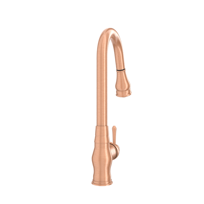 Copper Kitchen Faucet with Soap Dispenser, Single Handle Solid Brass High Arc Pull Down Sprayer Head Kitchen Sink Faucets with Deck Plate — AK96418-SD-C