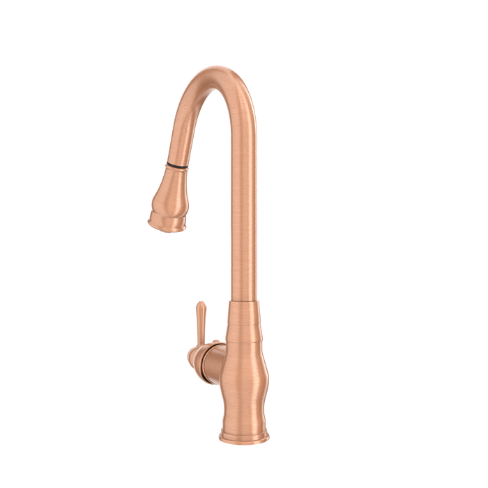 Copper Kitchen Faucet with Soap Dispenser, Single Handle Solid Brass High Arc Pull Down Sprayer Head Kitchen Sink Faucets with Deck Plate — AK96418-SD-C