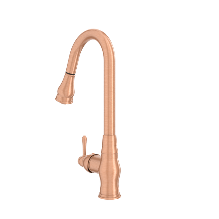Copper Kitchen Faucet with Soap Dispenser, Single Handle Solid Brass High Arc Pull Down Sprayer Head Kitchen Sink Faucets with Deck Plate — AK96418-SD-C
