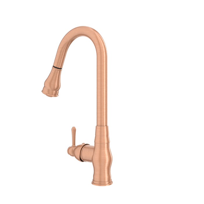Copper Kitchen Faucet with Soap Dispenser, Single Handle Solid Brass High Arc Pull Down Sprayer Head Kitchen Sink Faucets with Deck Plate — AK96418-SD-C