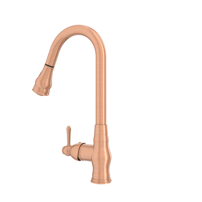 Copper Kitchen Faucet with Soap Dispenser, Single Handle Solid Brass High Arc Pull Down Sprayer Head Kitchen Sink Faucets with Deck Plate — AK96418-SD-C