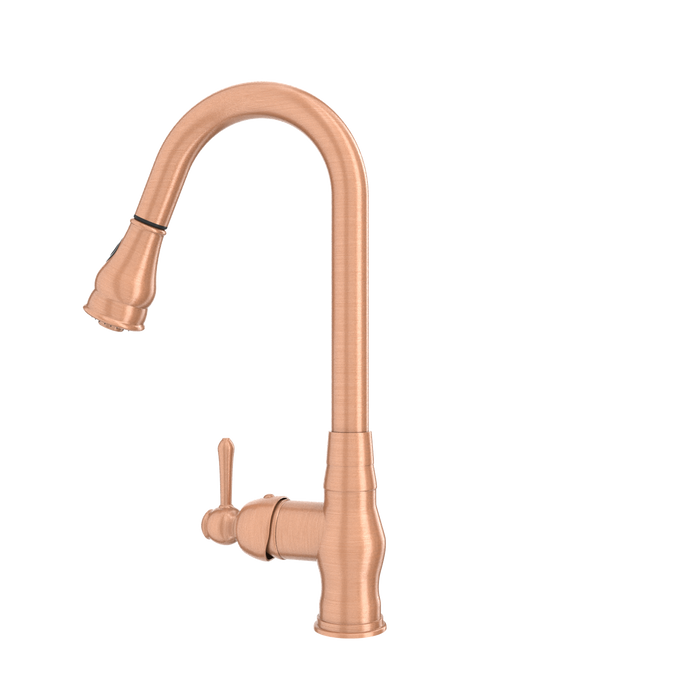 Copper Kitchen Faucet with Soap Dispenser, Single Handle Solid Brass High Arc Pull Down Sprayer Head Kitchen Sink Faucets with Deck Plate — AK96418-SD-C