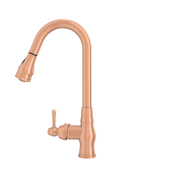 Copper Kitchen Faucet with Soap Dispenser, Single Handle Solid Brass High Arc Pull Down Sprayer Head Kitchen Sink Faucets with Deck Plate — AK96418-SD-C