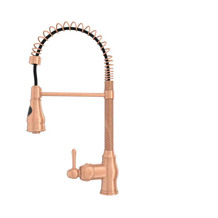 Copper Kitchen Faucet with Soap Dispenser, Single Handle Solid Brass High Arc Pull Down Sprayer Head Kitchen Sink Faucets with Deck Plate — AK96518A-SD-C
