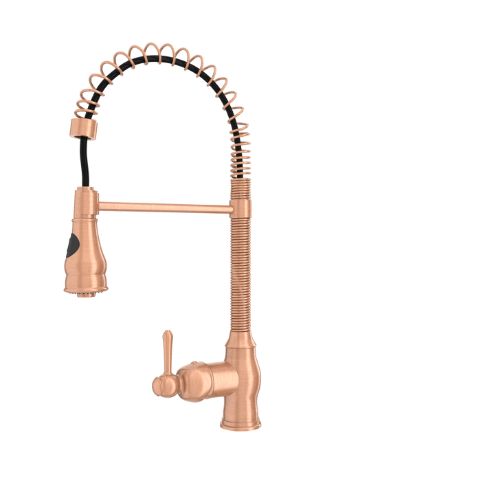Copper Kitchen Faucet with Soap Dispenser, Single Handle Solid Brass High Arc Pull Down Sprayer Head Kitchen Sink Faucets with Deck Plate — AK96518A-SD-C