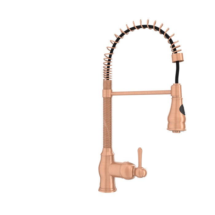 Copper Kitchen Faucet with Soap Dispenser, Single Handle Solid Brass High Arc Pull Down Sprayer Head Kitchen Sink Faucets with Deck Plate — AK96518A-SD-C