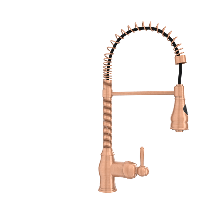 Copper Kitchen Faucet with Soap Dispenser, Single Handle Solid Brass High Arc Pull Down Sprayer Head Kitchen Sink Faucets with Deck Plate — AK96518A-SD-C