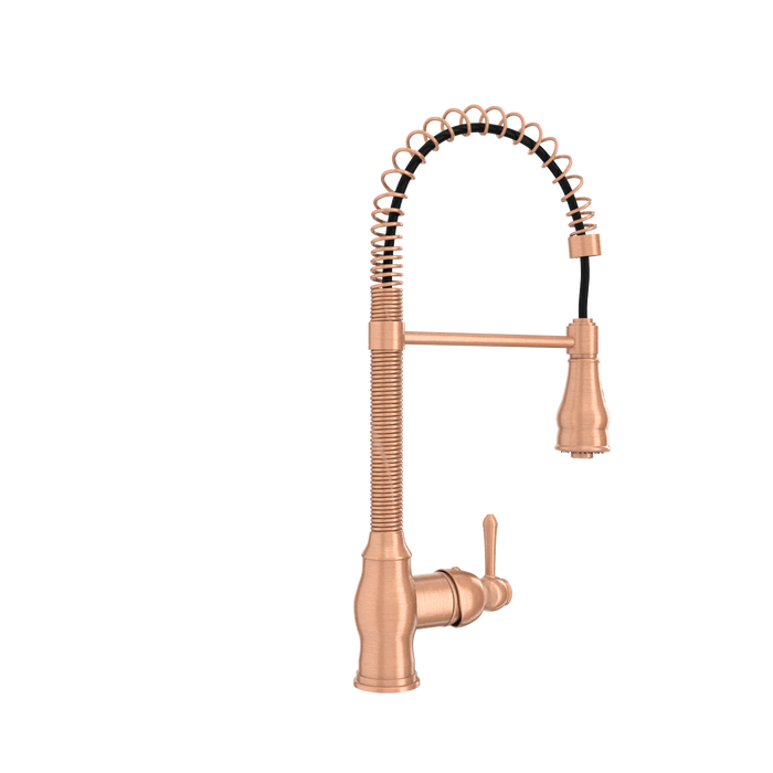 Copper Kitchen Faucet with Soap Dispenser, Single Handle Solid Brass High Arc Pull Down Sprayer Head Kitchen Sink Faucets with Deck Plate — AK96518A-SD-C