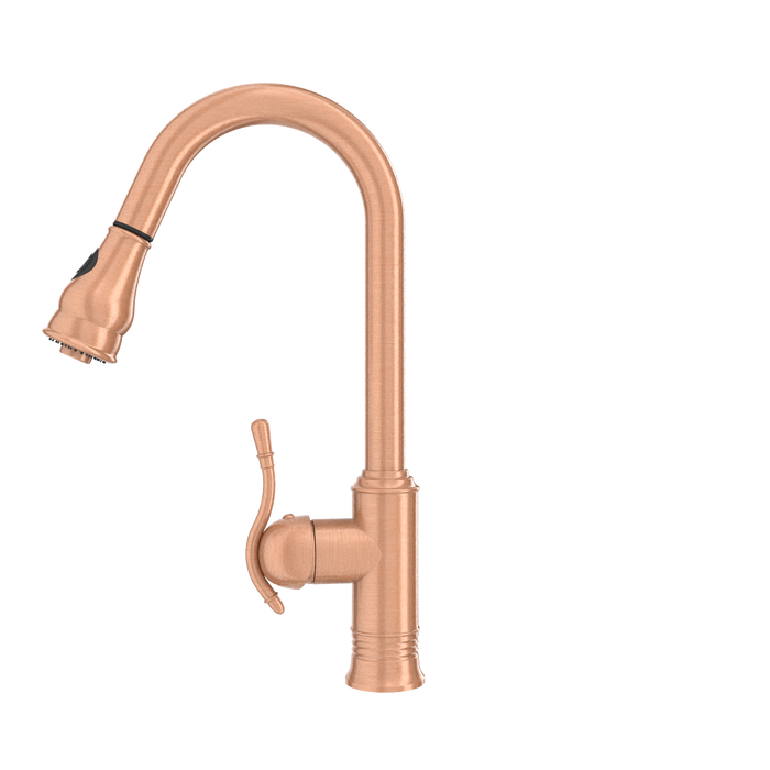 Copper Kitchen Faucet with Soap Dispenser, Single Handle Solid Brass High Arc Pull Down Sprayer Head Kitchen Sink Faucets with Deck Plate — AK96415-SD-C
