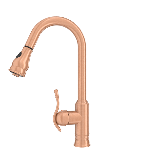 Copper Kitchen Faucet with Soap Dispenser, Single Handle Solid Brass High Arc Pull Down Sprayer Head Kitchen Sink Faucets with Deck Plate — AK96415-SD-C