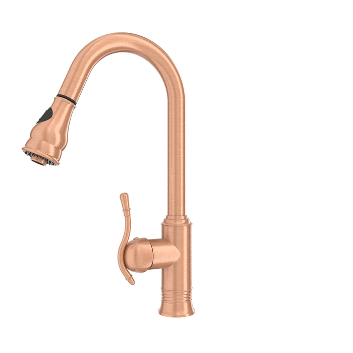 Copper Kitchen Faucet with Soap Dispenser, Single Handle Solid Brass High Arc Pull Down Sprayer Head Kitchen Sink Faucets with Deck Plate — AK96415-SD-C