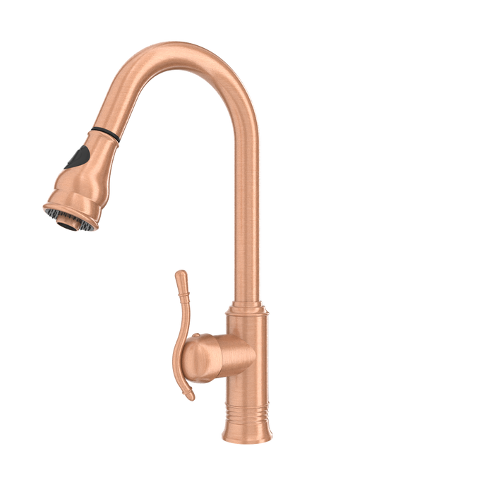 Copper Kitchen Faucet with Soap Dispenser, Single Handle Solid Brass High Arc Pull Down Sprayer Head Kitchen Sink Faucets with Deck Plate — AK96415-SD-C