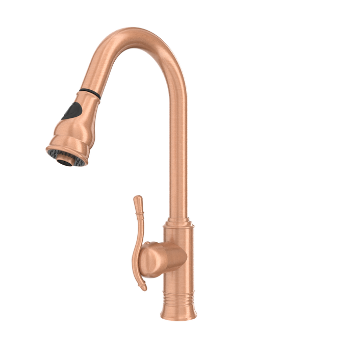 Copper Kitchen Faucet with Soap Dispenser, Single Handle Solid Brass High Arc Pull Down Sprayer Head Kitchen Sink Faucets with Deck Plate — AK96415-SD-C